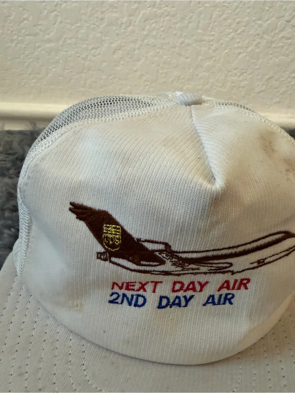 Vintage UPS Next Day Air Trucker Hat Mesh Snapback Cap White Airplane Corporate